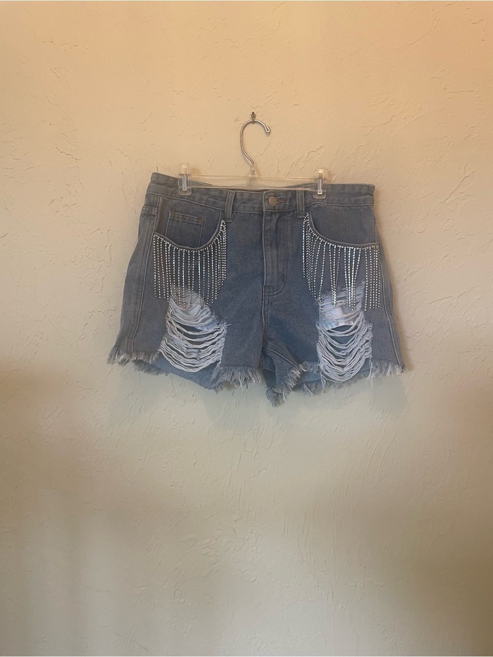 POL Light Blue Distressed Denim Shorts with Rhinestone Fringe